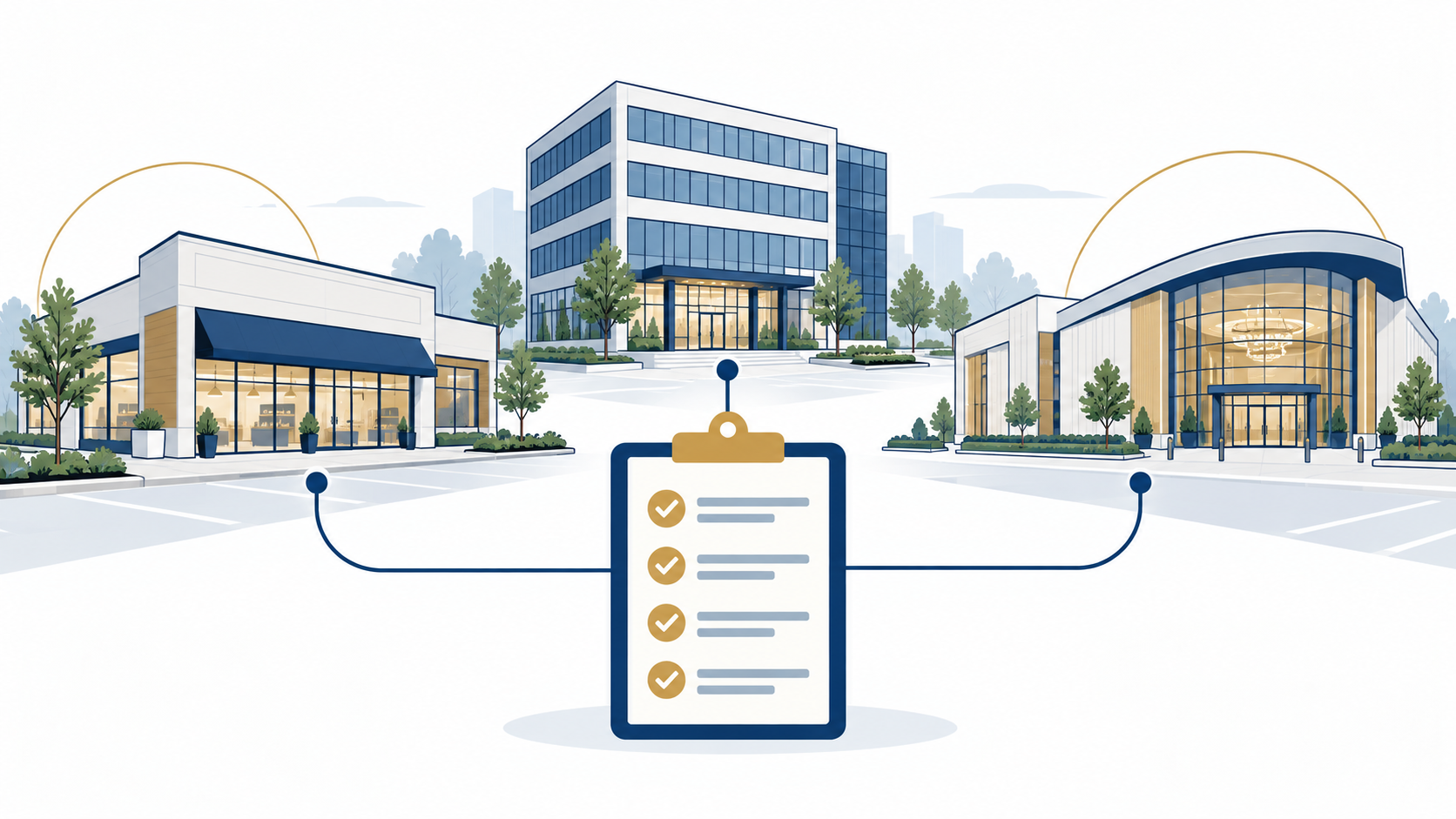 Three commercial locations connected to a shared security coverage checklist.